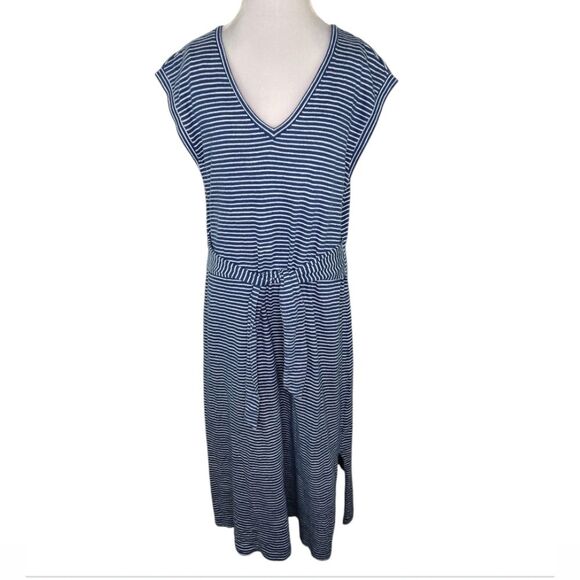 LOFT Blue & White Stripe Cap Sleeve Tie Waist Split Side Maxi Dress Size XL - Picture 3 of 14